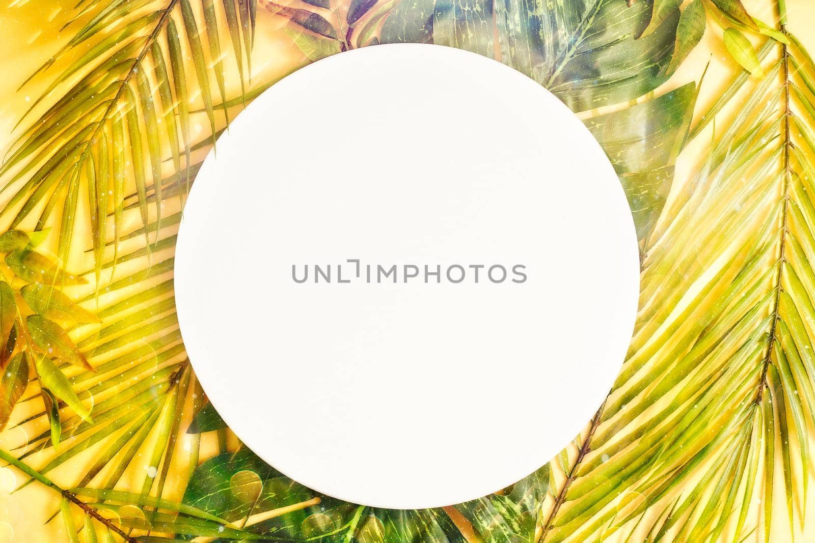 Colorful spring  background with paper card note. Minimal summer concept with palm tree leaf. Creative copyspace with paper frame