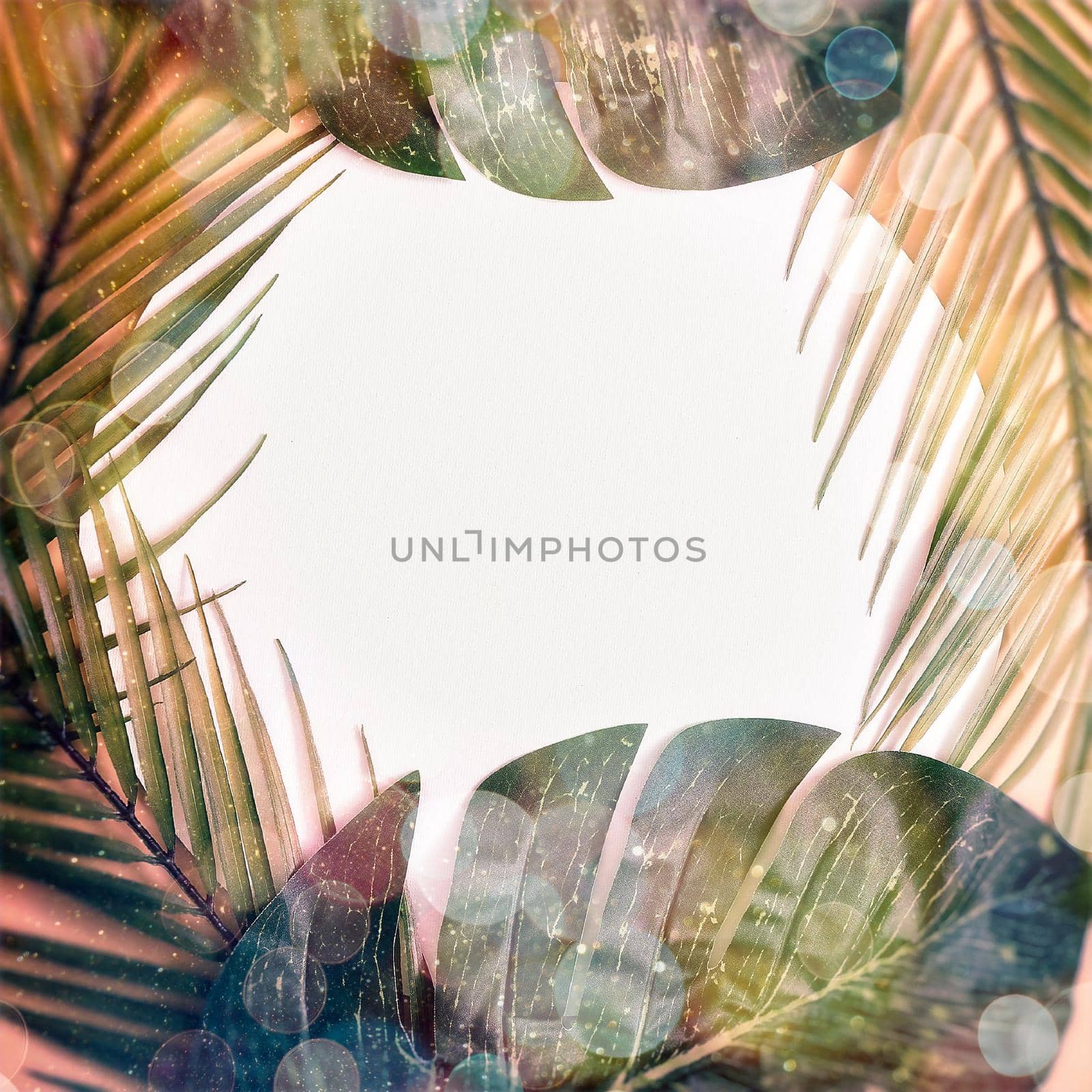 Minimal summer concept with palm tree leaf. Creative copyspace with paper frame. Colorful spring  background with paper card note. by Maximusnd