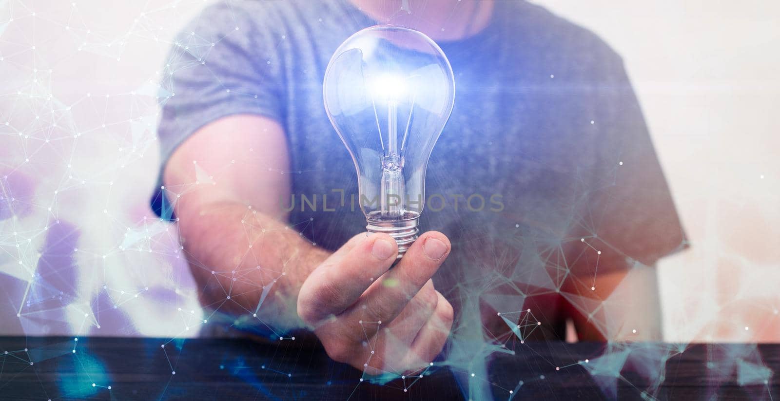 Creative new idea. Innovation, brainstorming, inspiration and solution concepts. Man holding light bulb,