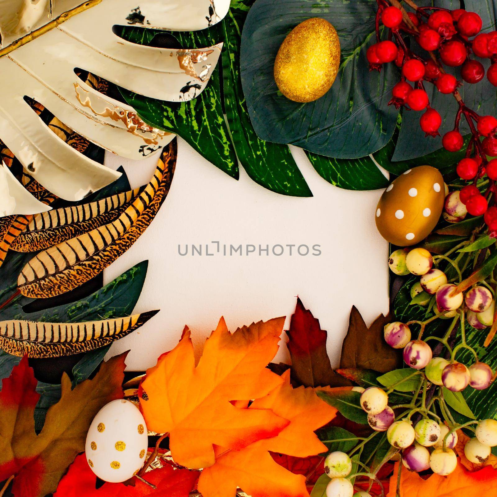 Happy Easter. Congratulatory easter background. Easter eggs and flowers. Flat lay. Nature concept. by Maximusnd