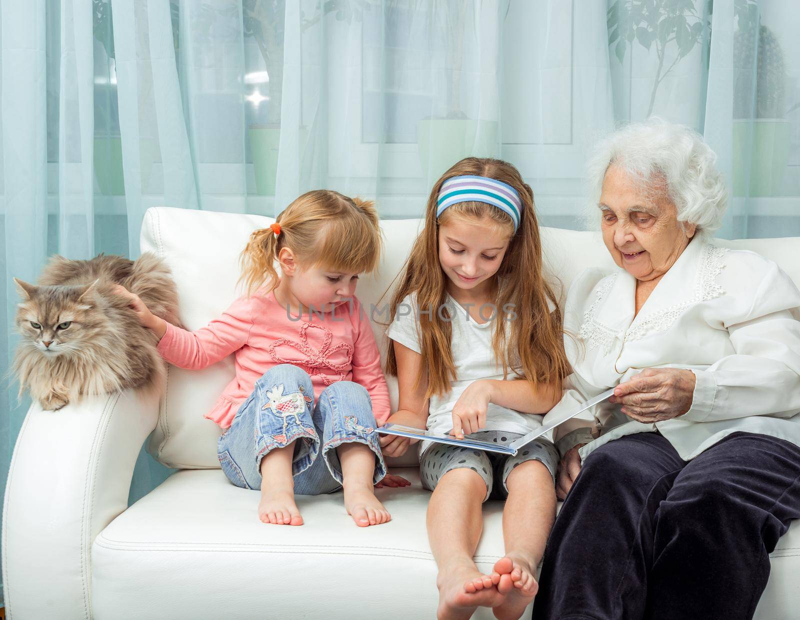 elderly woman with granddaughters reading book on sofa with cat