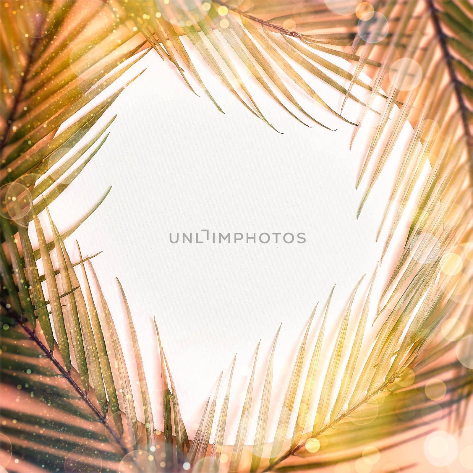 Minimal summer concept with palm tree leaf. Creative copyspace with paper frame. Colorful spring  background with paper card note. by Maximusnd