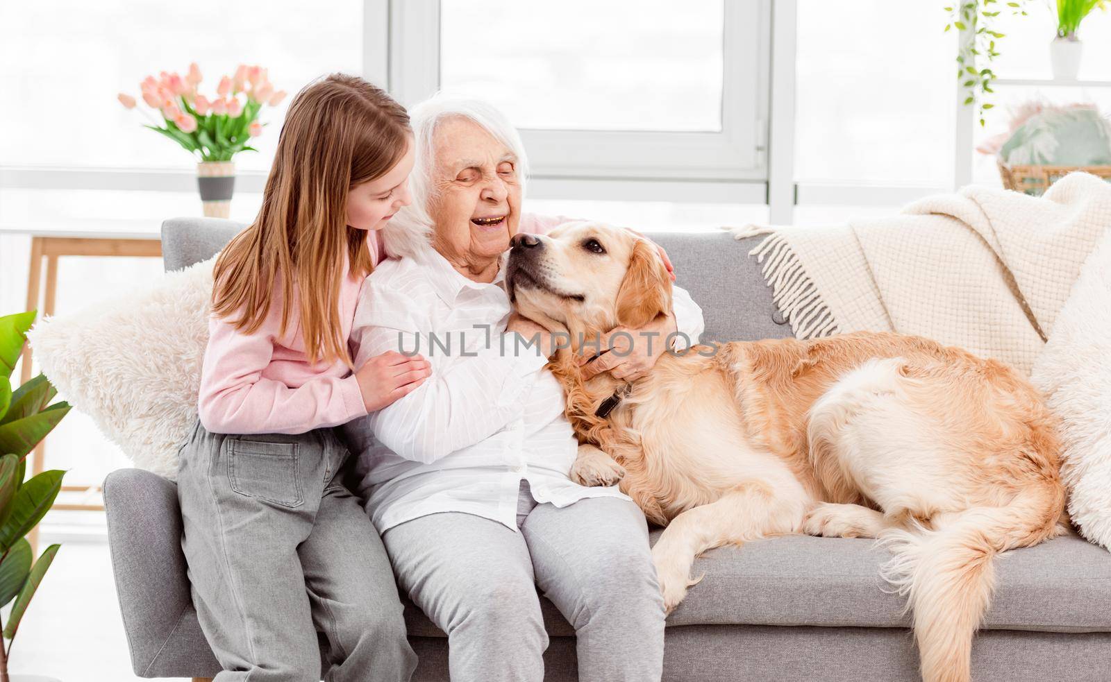 Grandmother sitting on the sofa with granddaughter and golden retriever dog and hugging each other. Family portrait