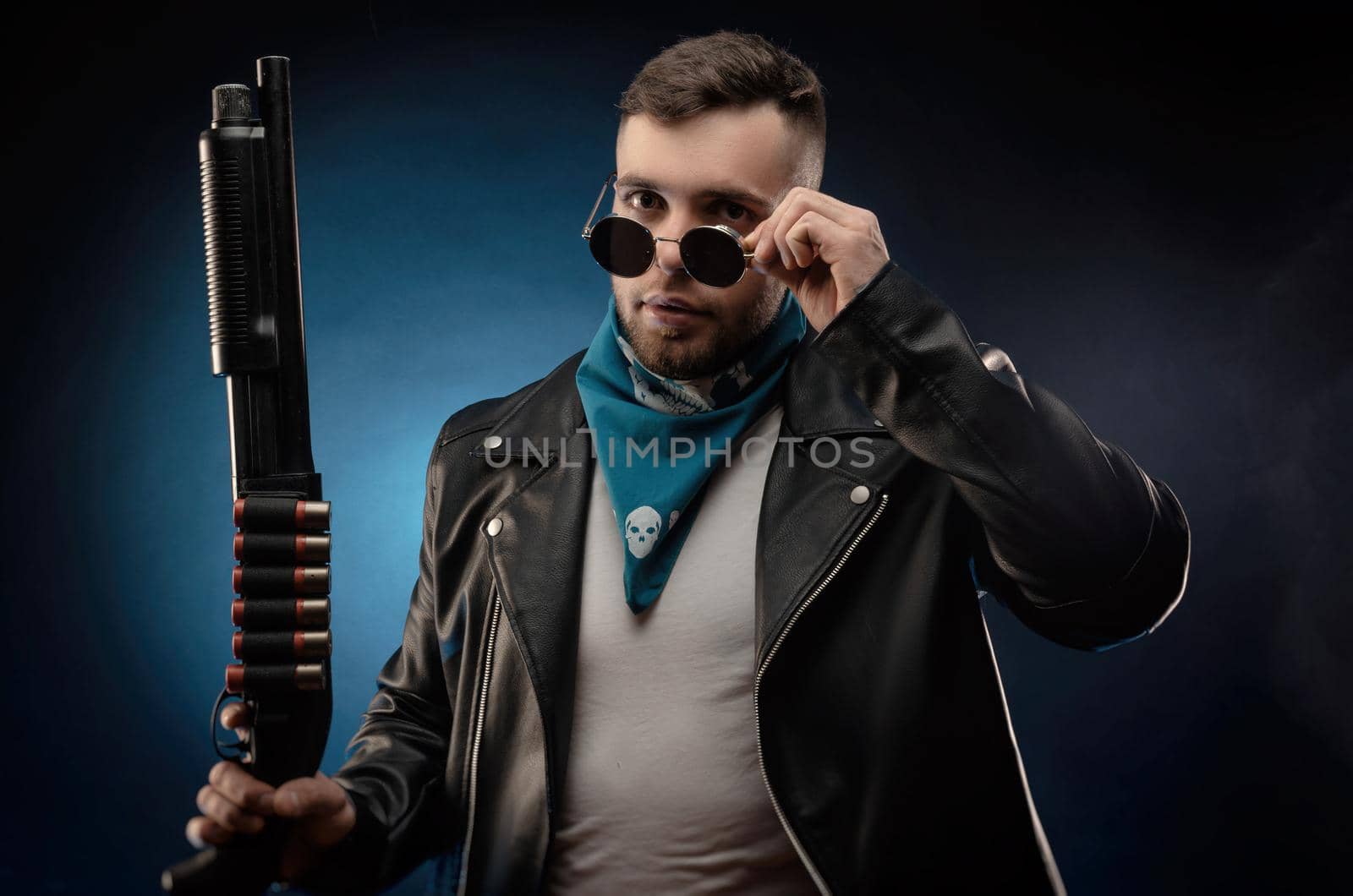 guy in a leather jacket with a shotgun by Rotozey