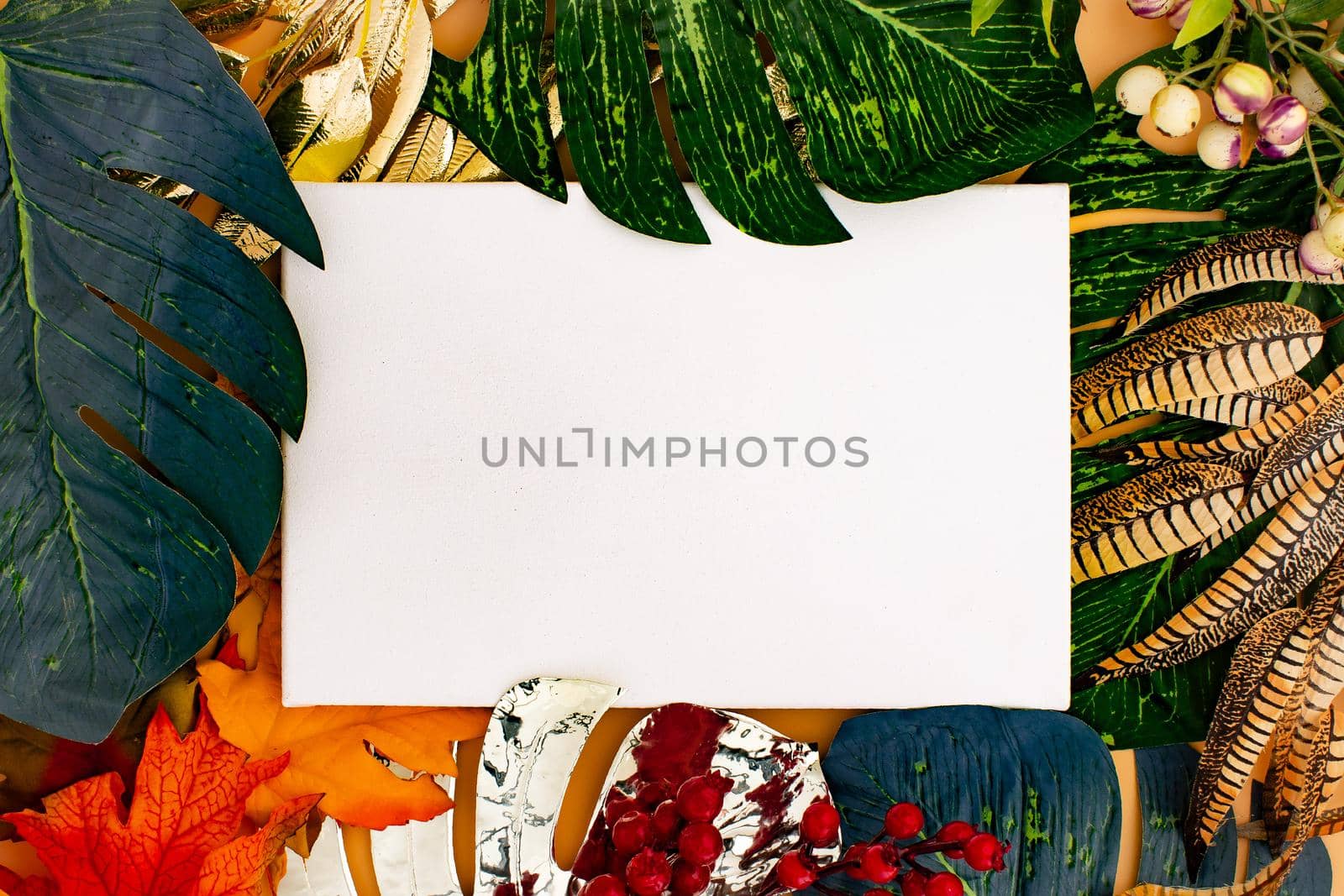 Spring flower background with paper card note. Flat lay. Nature concept. Nature Trendy Decorative Design.