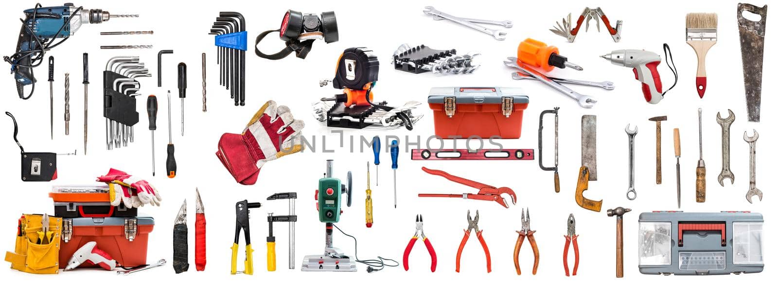 collage with ariety of building tools isolated on white background