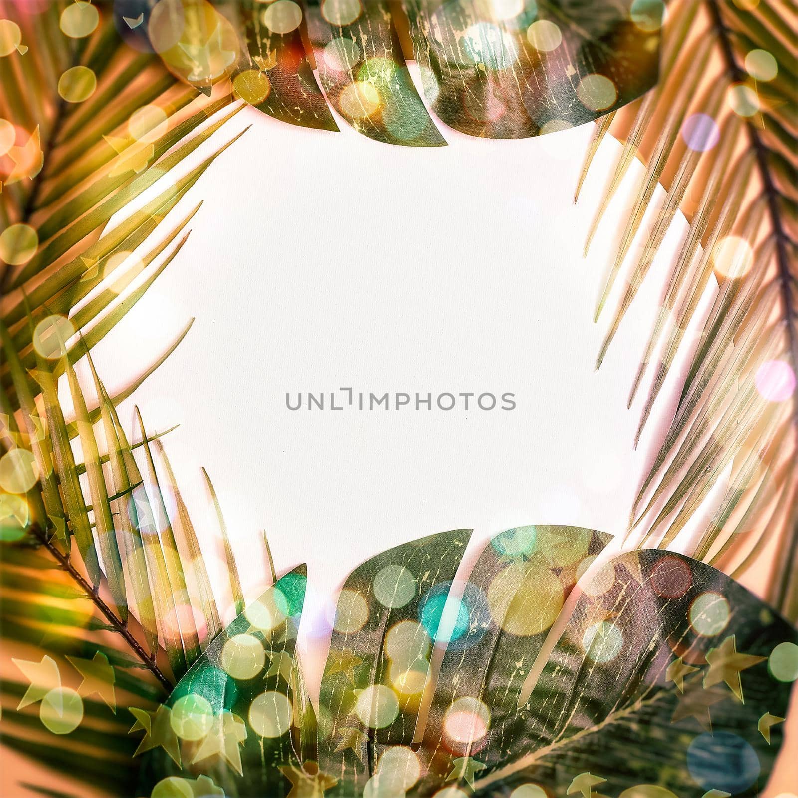 Minimal summer concept with palm tree leaf. Creative copyspace with paper frame. Colorful spring  background with paper card note. by Maximusnd