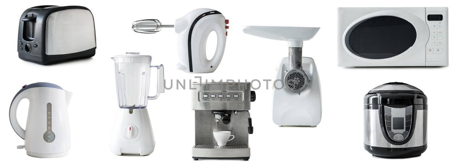 collage of different types of kitchen appliances isolated on white background