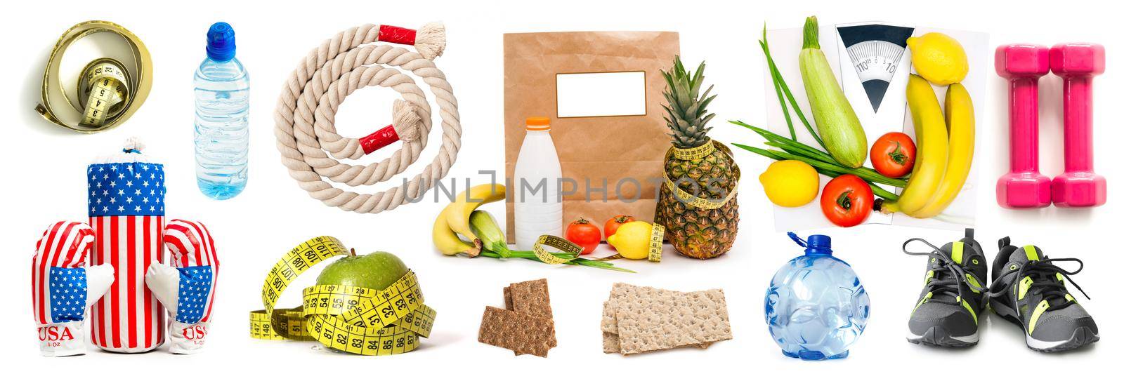 Sport healthy life equipment and diet set collage isolated on white background. Fitness collection with food and workout tools