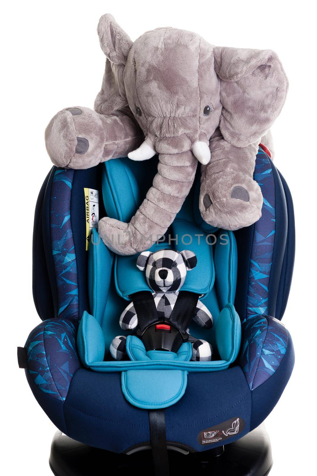 teddy bear and elephant doll in blue child safety seat, seat designed specifically to protect children from injury or death during collisions.