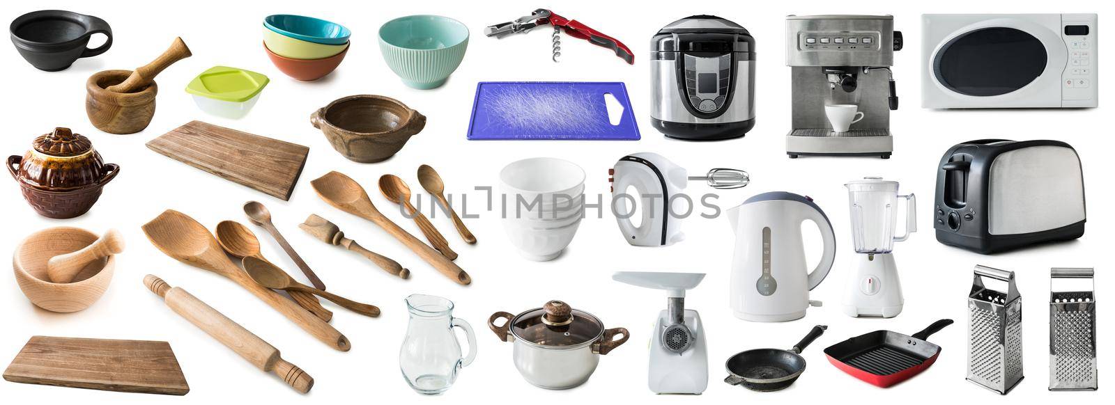 collage of many different kitchenware isolated on a whire background