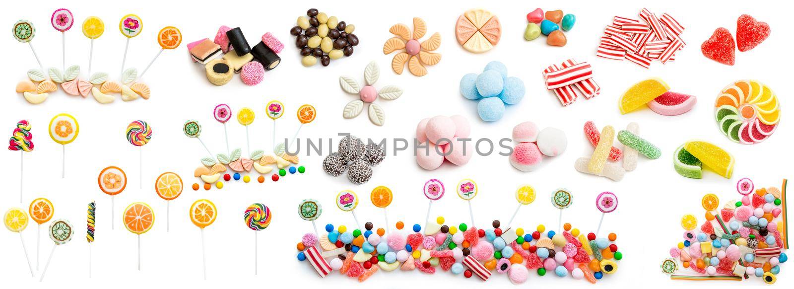 Collage of white and milk chocolate and candies isolated on white background