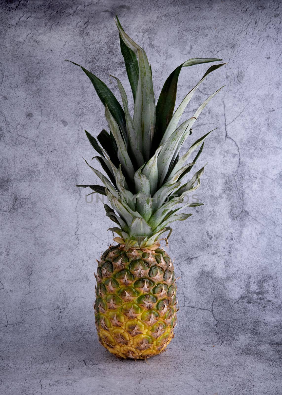 close up of ripe pineapple on a grey background by Iryna_Melnyk