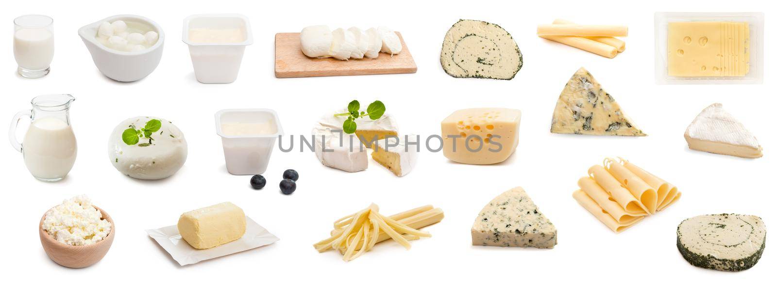 collage various types of cheeses on a white background