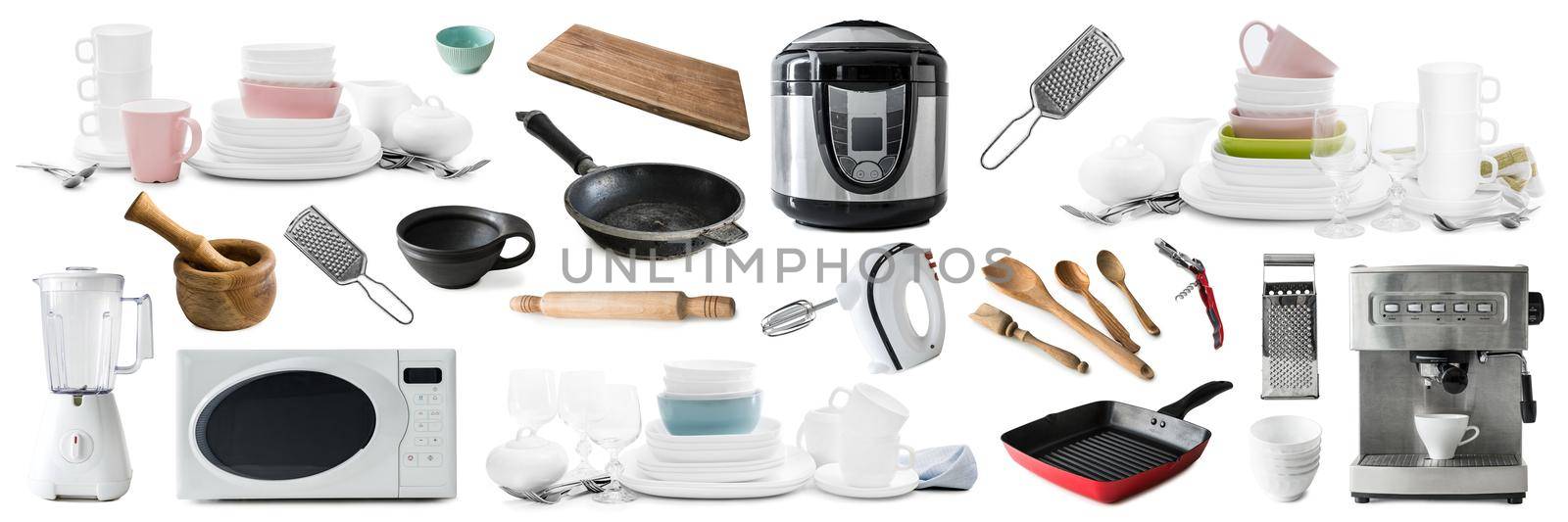 Kitchen electronics and household utensils set collage isolated on white background. Different devices and dishes for cookery collection for home