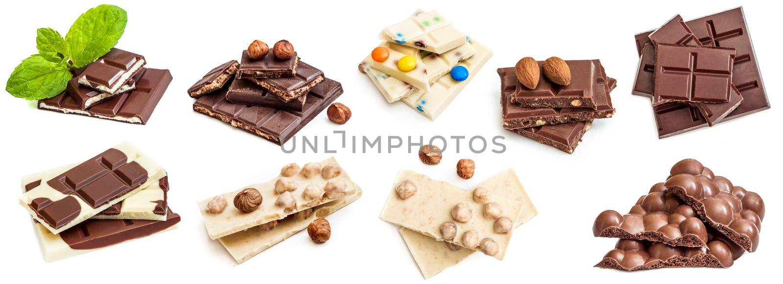 Photo collage of chocolate bars isolated on a white background