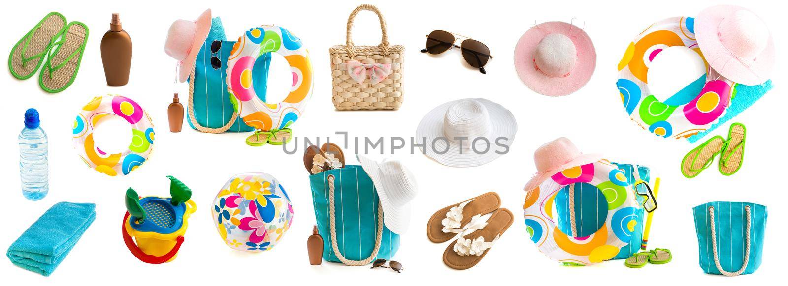 Photo collage of beach accessories and toys isolated on a white background