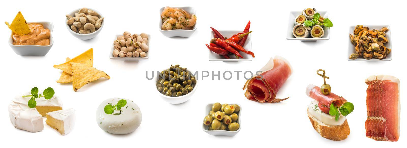 photo collage of spanish tapas isolated on white background