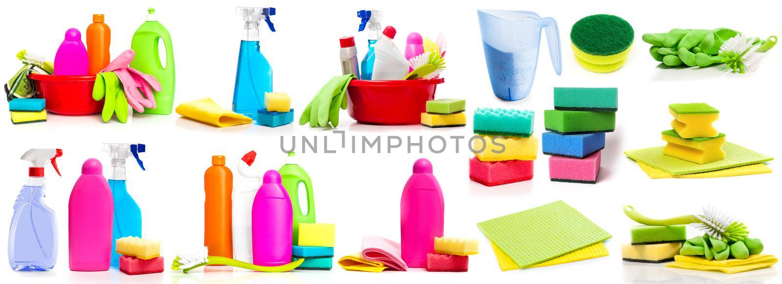 Collage of cleaning detergent and supplies photos isolated on a white background
