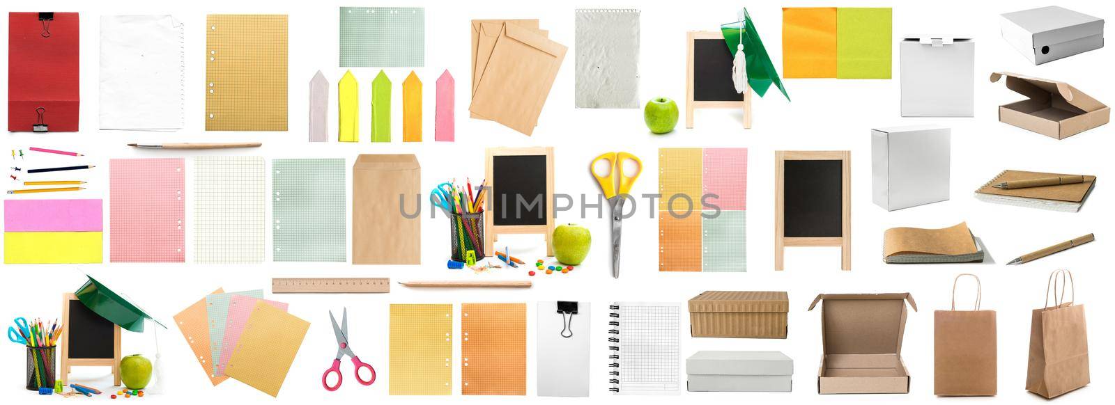 collage of different colorful childish stationery isolated on white background