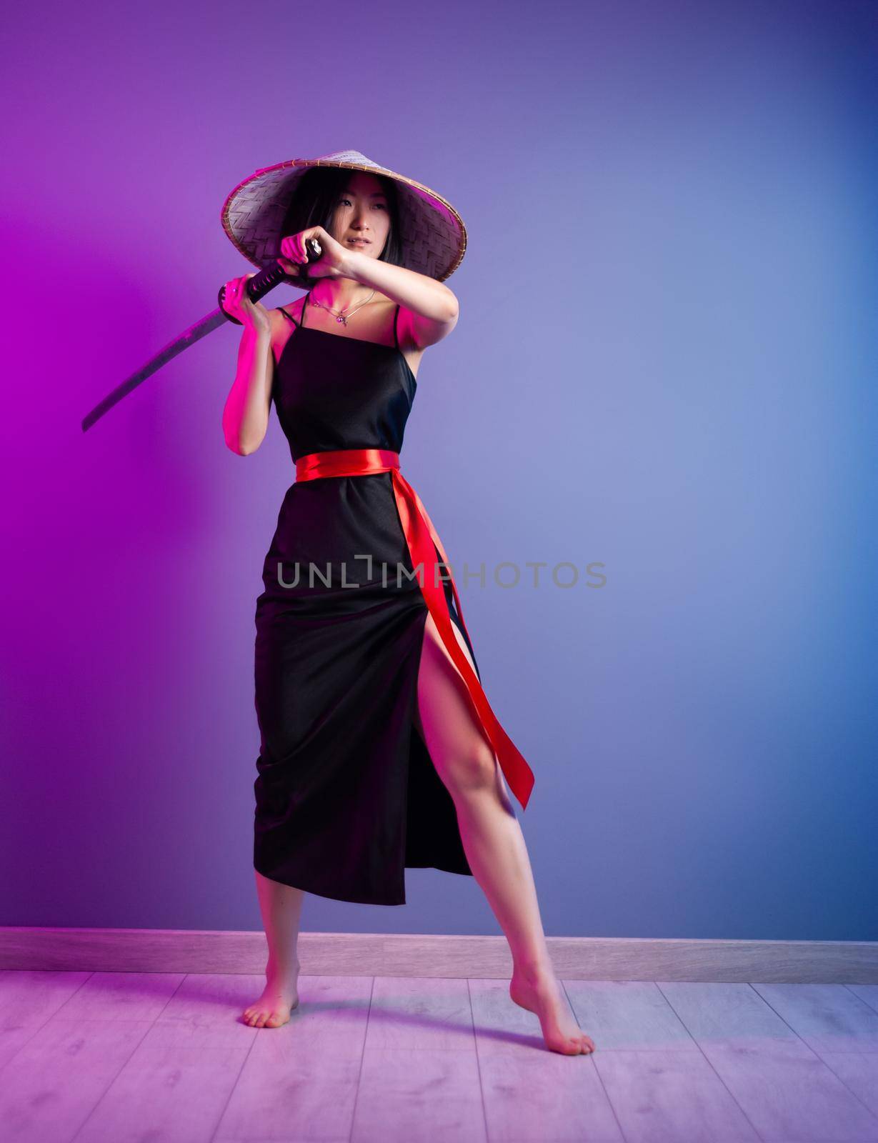 slender Asian woman an Asian hat with a katana in her hand image of a samurai by Rotozey