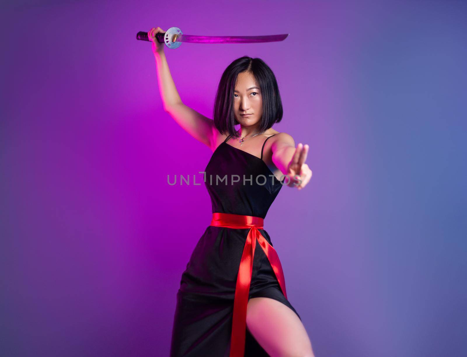 slender Asian woman in a black dress with a katana in her hand image of a samurai on a neon background by Rotozey