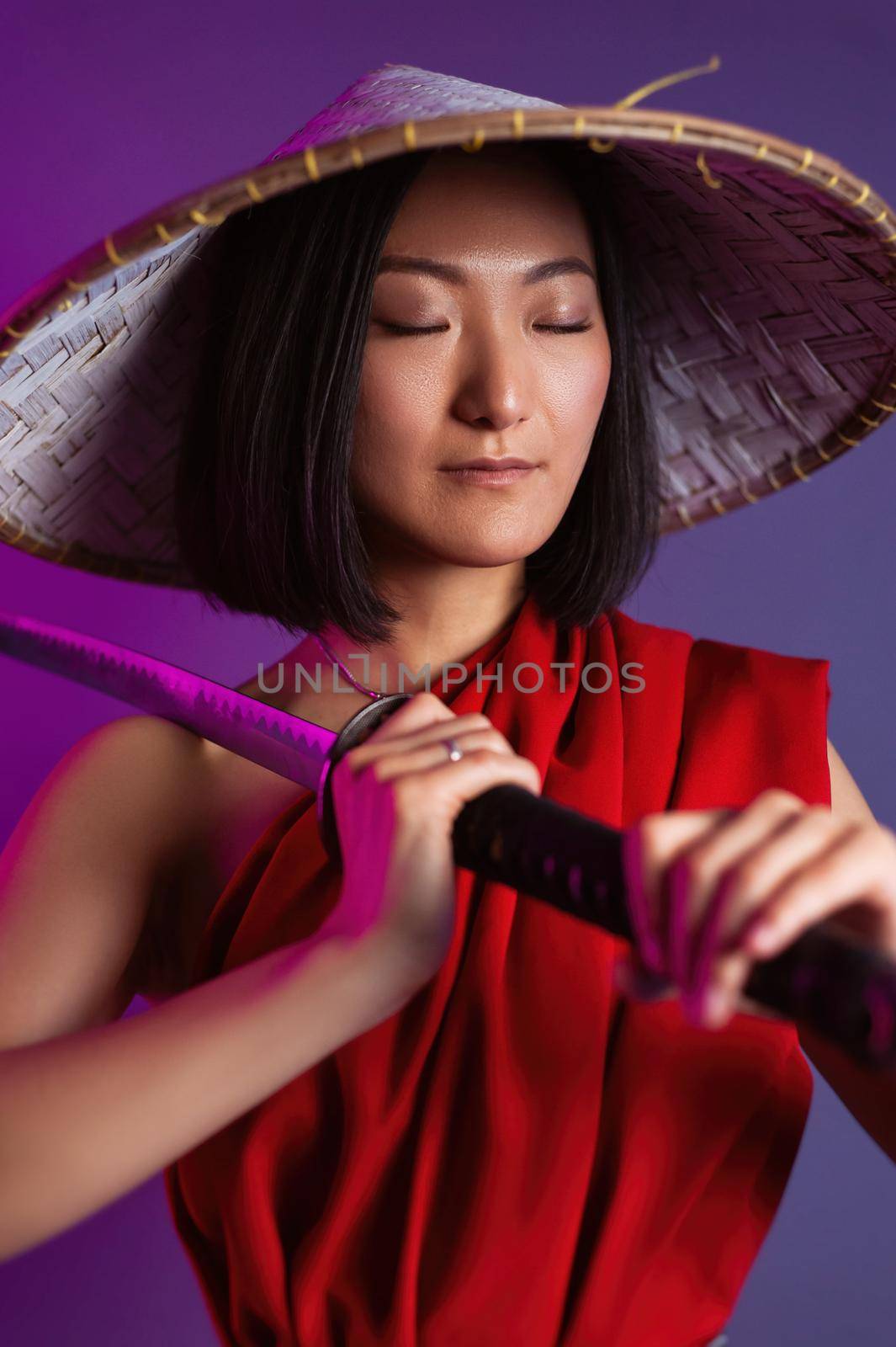 portrait of an Asian woman in a red cape and an Asian hat with a katana in her hand image of a samurai with his eyes closed by Rotozey