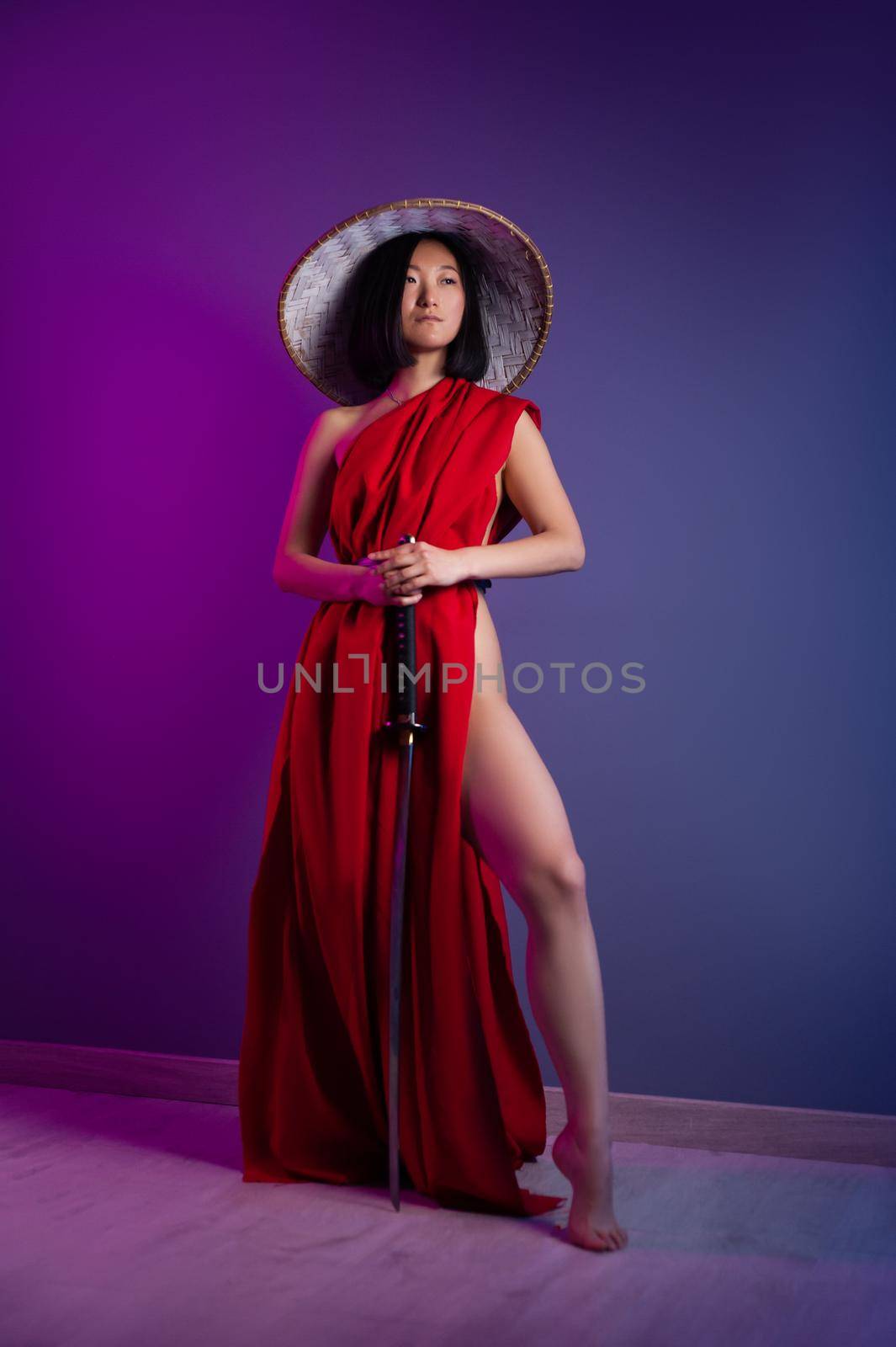 portrait of an Asian woman in a red cape and an Asian hat with a katana in her hand image of a samurai by Rotozey