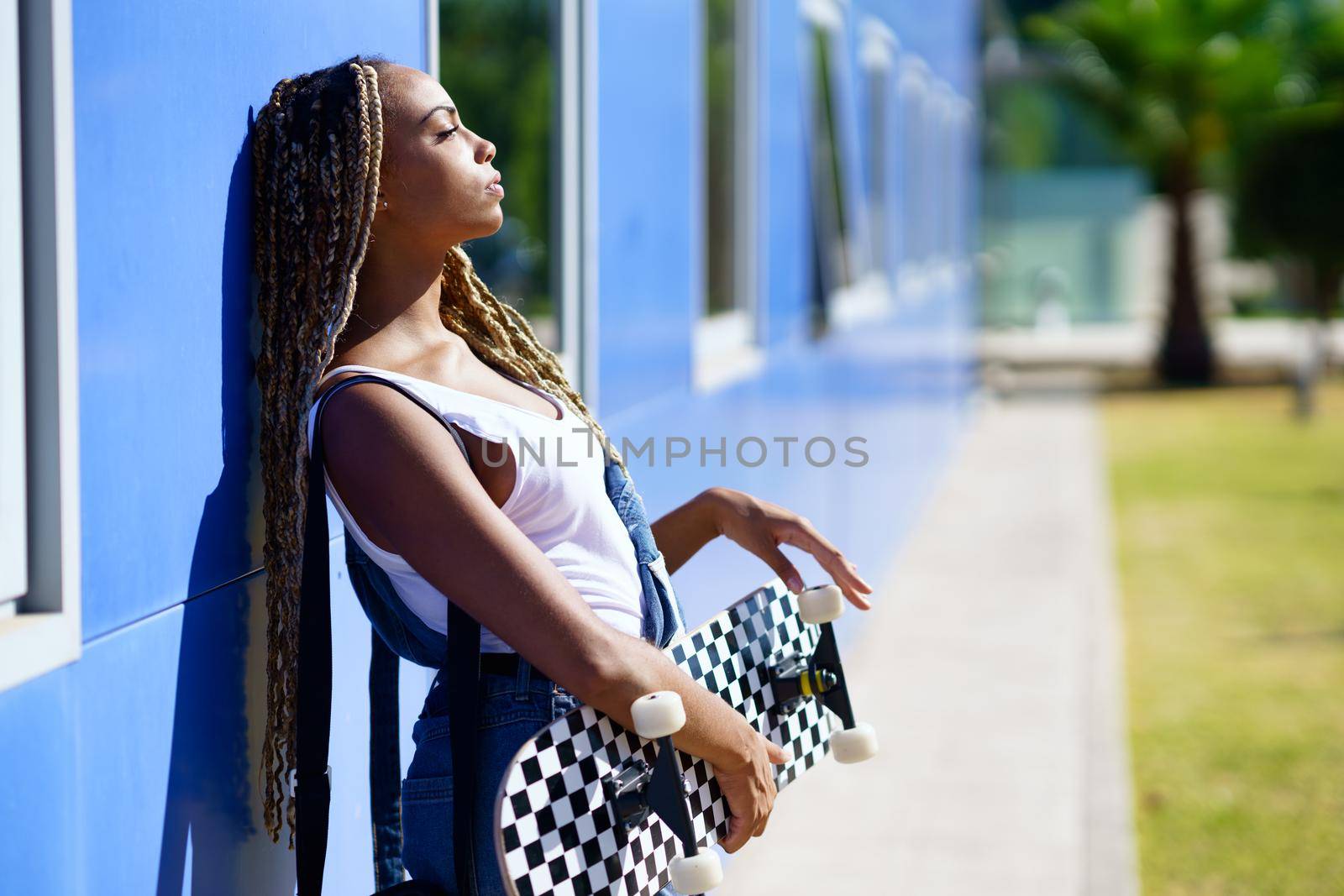 Black woman with coloured braids. Typical African hairstyle. by javiindy