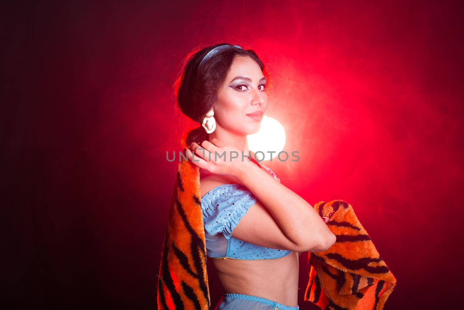 Girl posing with tiger skin, crazy people. Don't eco friendly lifestyle. Life in social networks, narcissism, modern personality. Personality disorder. by Satura86