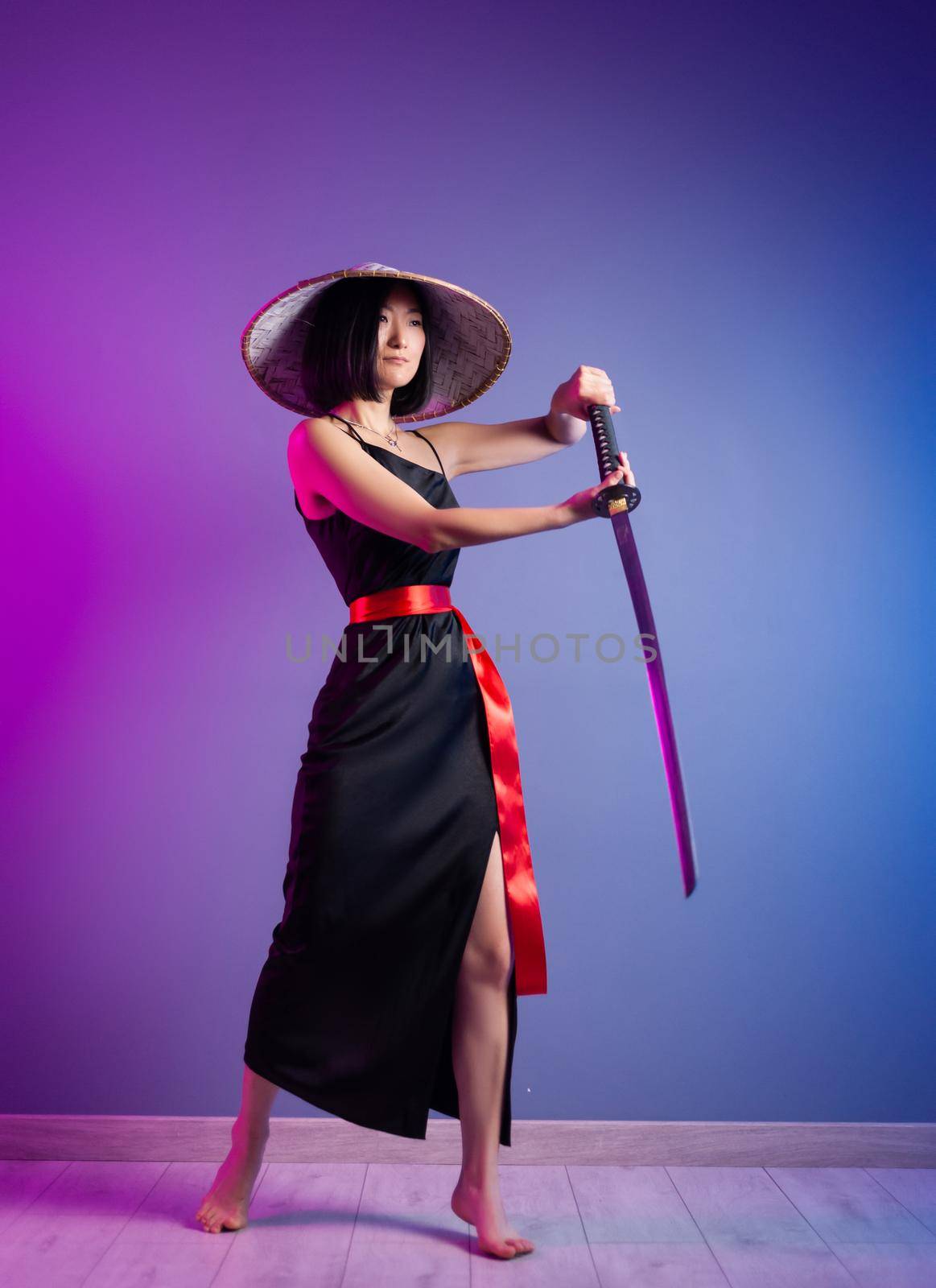 slender Asian woman an Asian hat with a katana in her hand image of a samurai by Rotozey