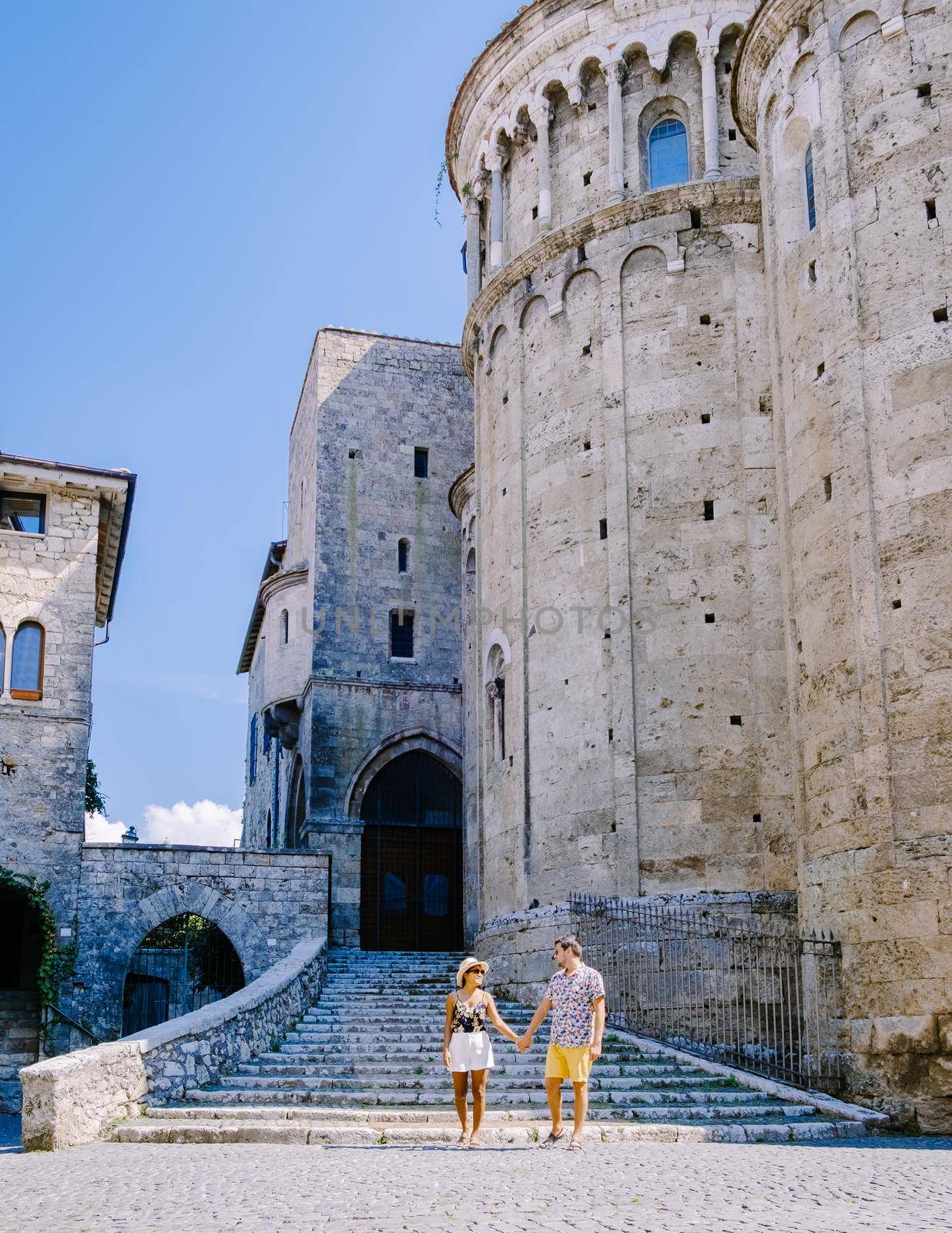 Overview of Fiuggi in Italy, Scenic sight in Fiuggi, Province of Frosinone, Lazio, central Italy. Europe, a couple walking on the colorful streets of Fiuggi. 