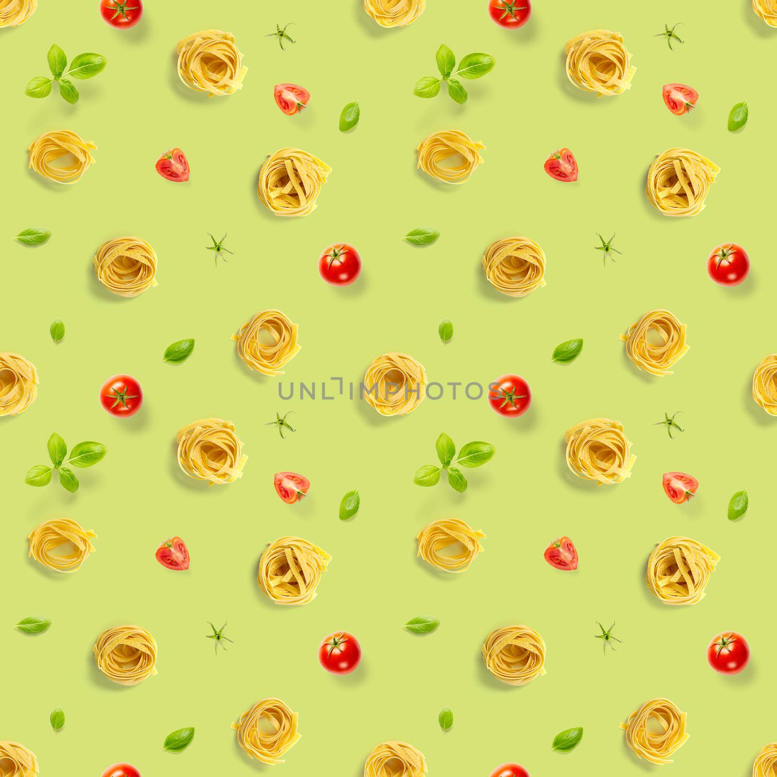 Seamless pattern from Italian pasta tagliatelle. raw pasta fettuccine pop art background, flat lay. Italian raw nest pasta isolated on green by PhotoTime