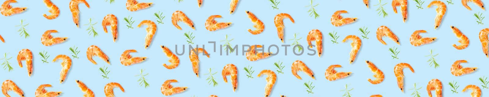 Tiger shrimp. Seafood background made from Prawns isolated on a blue backdrop. modern background from boiled shrimps, Seafood. not seamless pattern by PhotoTime