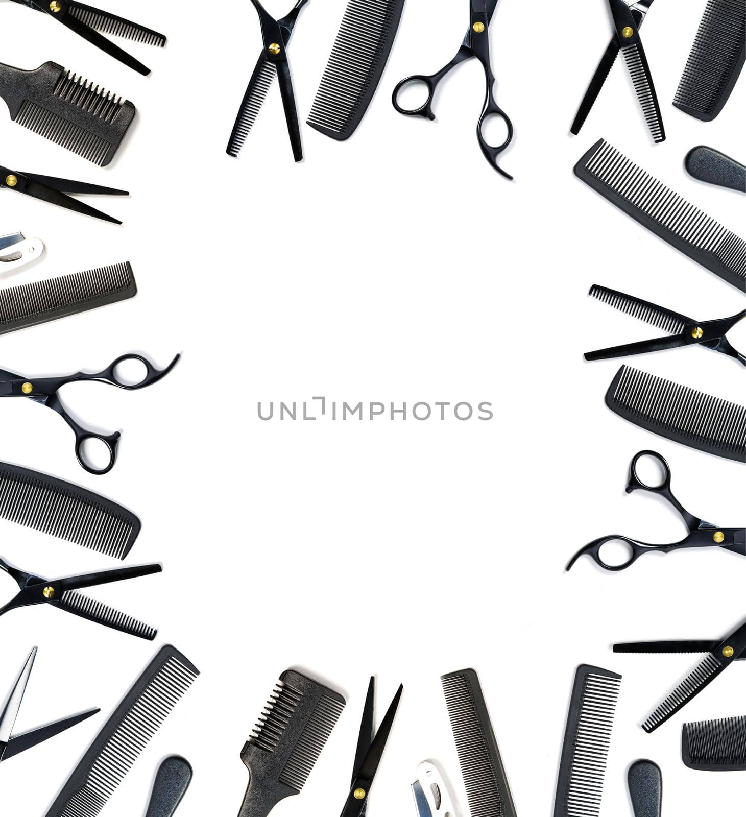 layout on white from scissors and combs for hairdressing services by PhotoTime