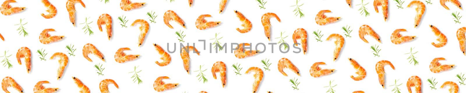 Tiger shrimp. Seafood background made from Prawns isolated on a white backdrop. modern background from boiled shrimps, Seafood. not seamless pattern by PhotoTime