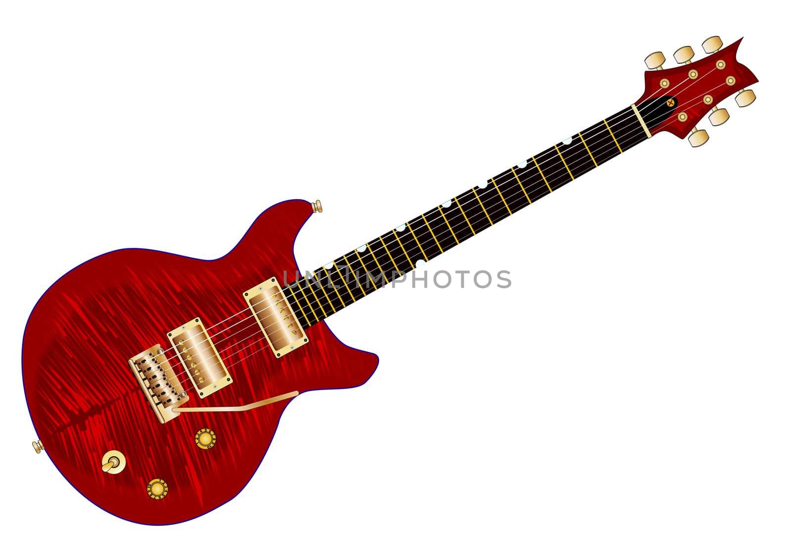 A typical double cutaway electric guitar in red set over a white background