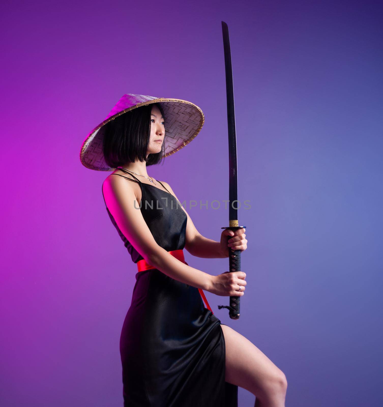 slender Asian woman an Asian hat with a katana in her hand image of a samurai by Rotozey