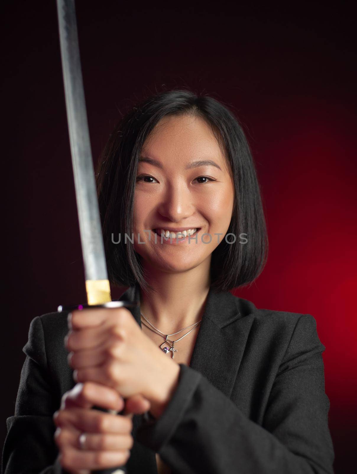 asian woman in a jacket with a katana in her hands mafia fighter emotions on her face by Rotozey