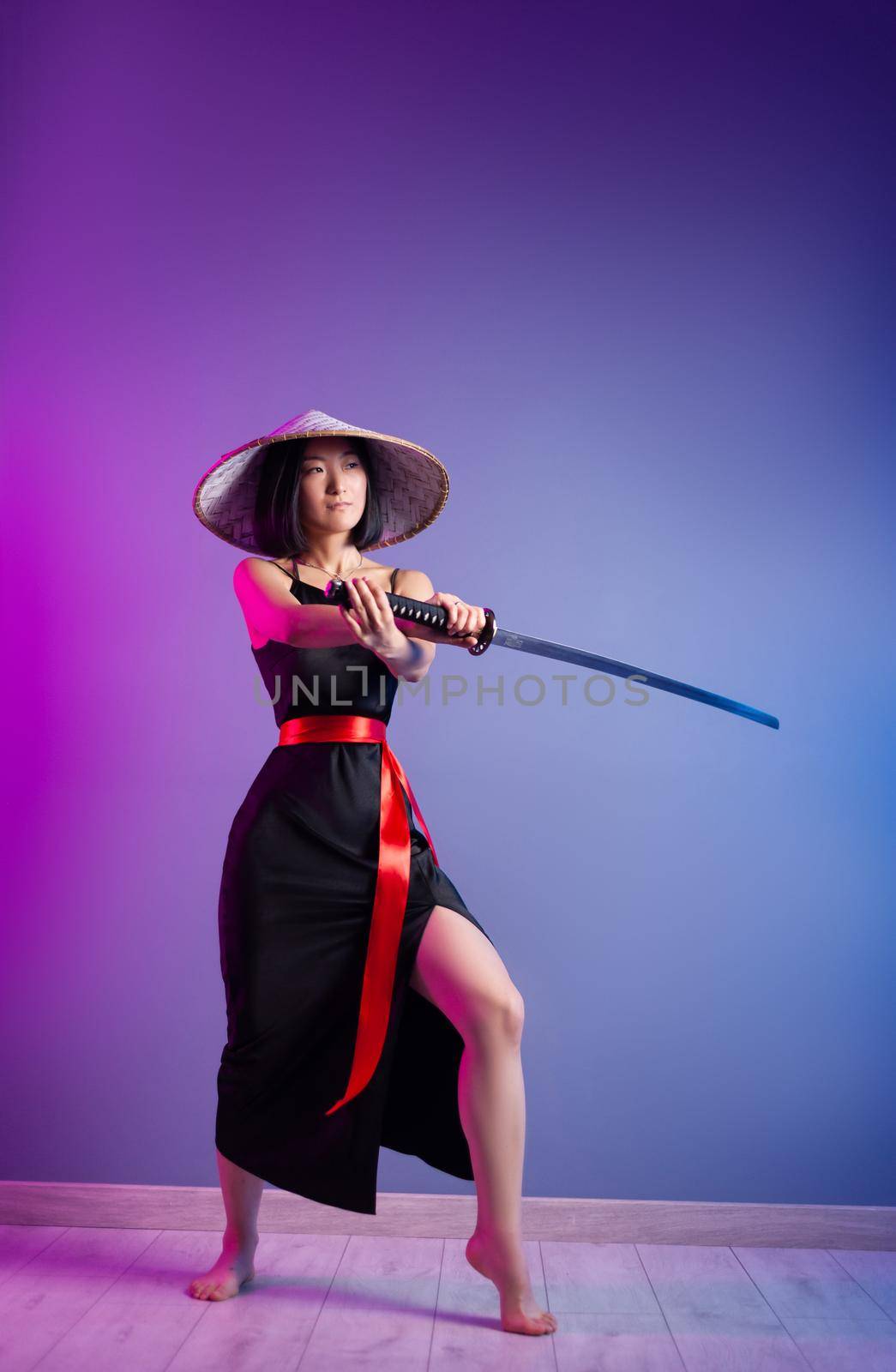 slender Asian woman an Asian hat with a katana in her hand image of a samurai by Rotozey