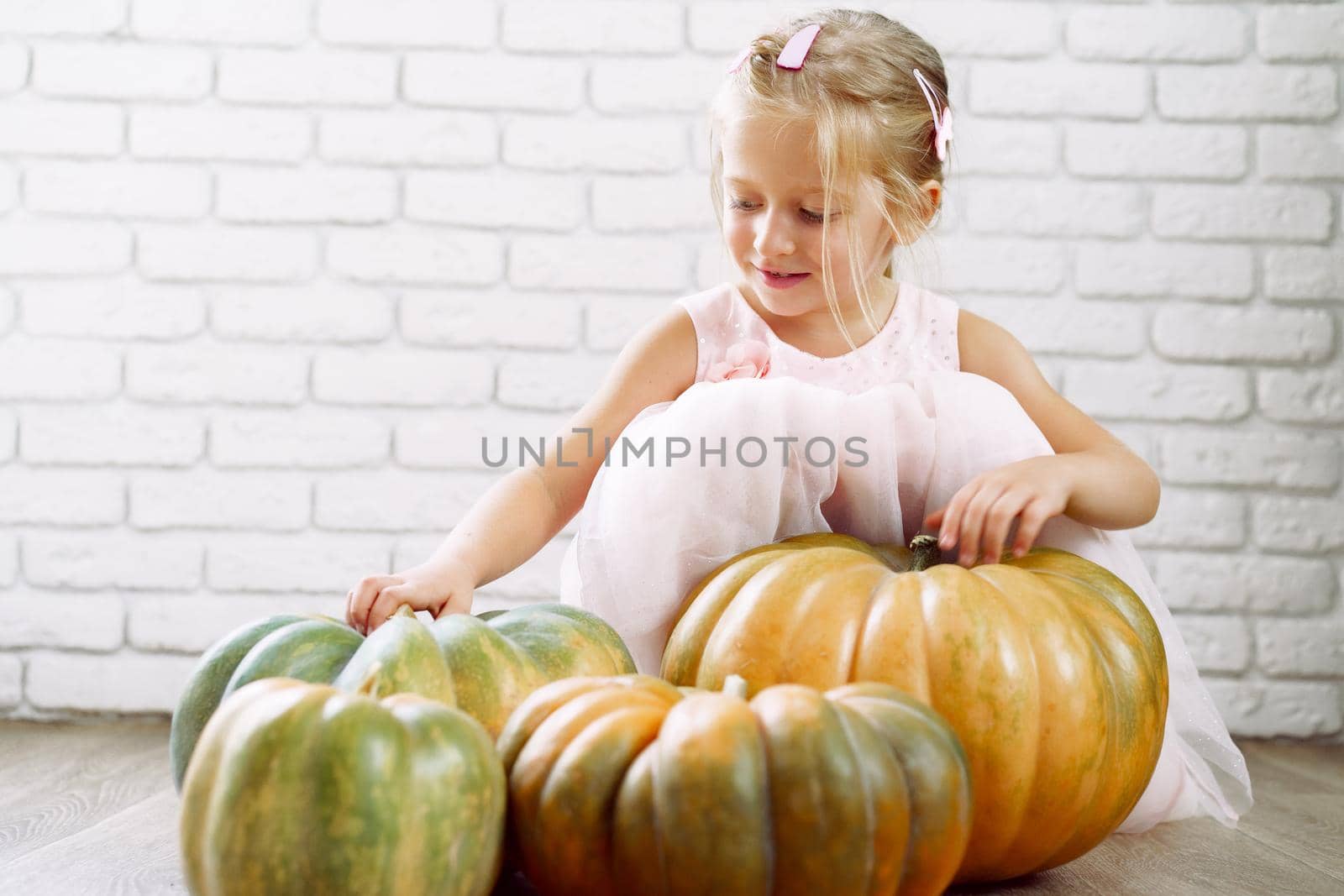 Little girl in pink dress sitting on wooden floor and playing with pile of big pumpkins