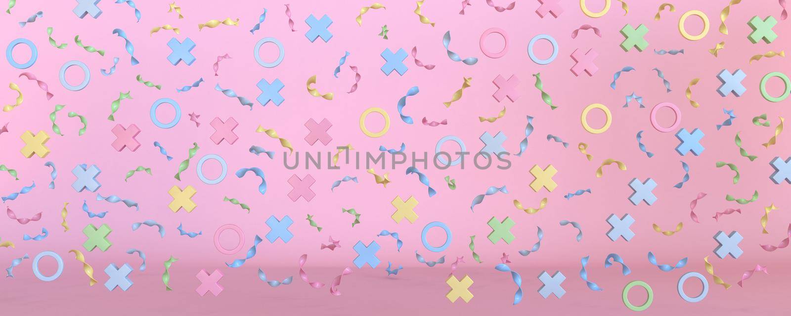 Golden confetti 3D rendering illustration isolated on pink background
