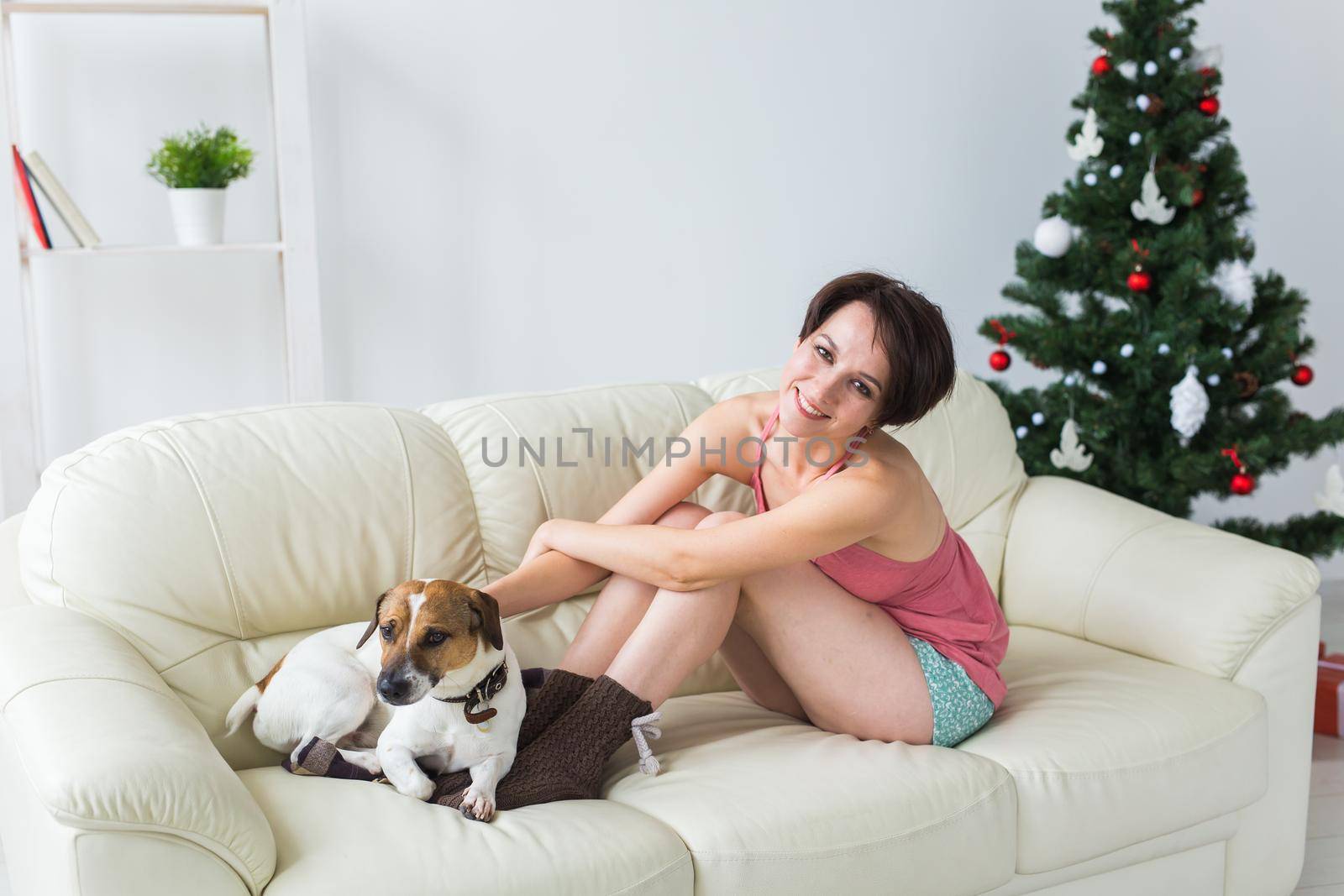 Happy woman with dog. Christmas tree with presents under it. Decorated living room by Satura86