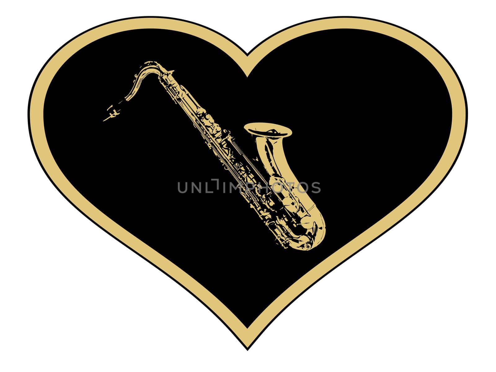 A musical Saxophone in gold on black inset into a isolated gold heart
