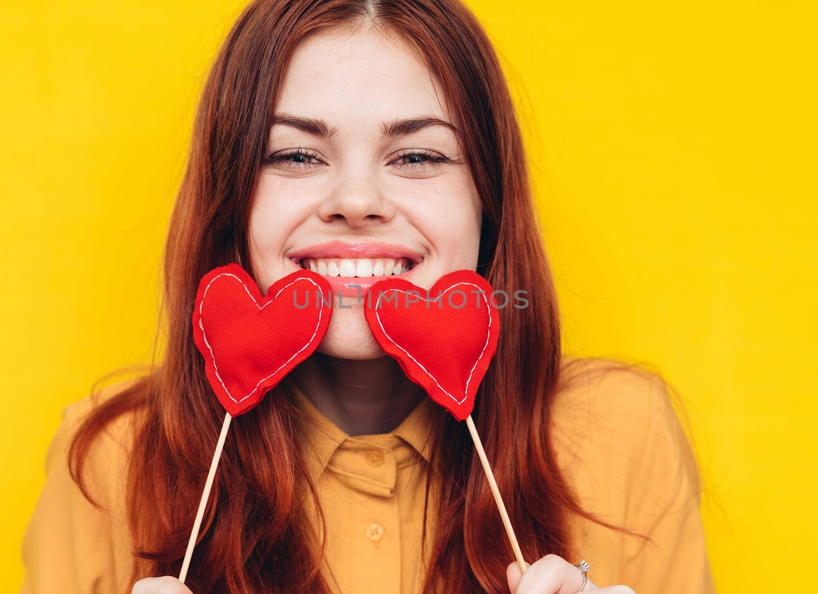 pretty woman in yellow shirt glamor romance posing. High quality photo