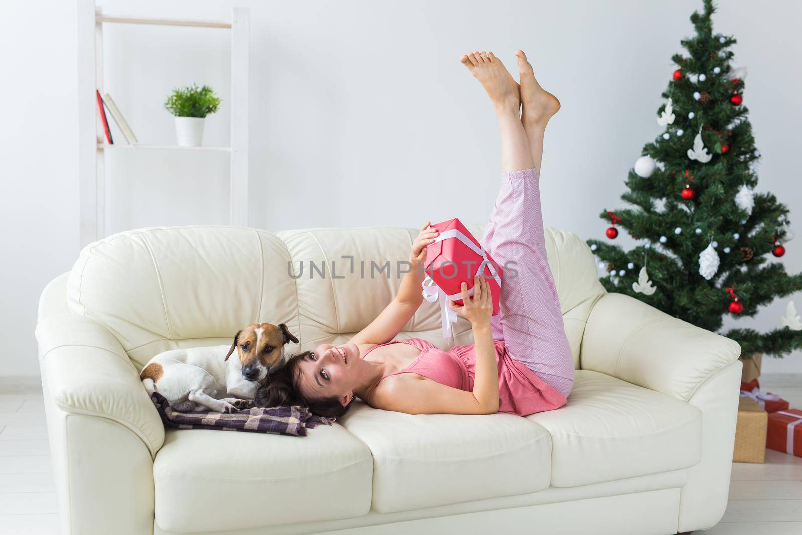 Happy woman with dog. Christmas tree with presents under it. Decorated living room.