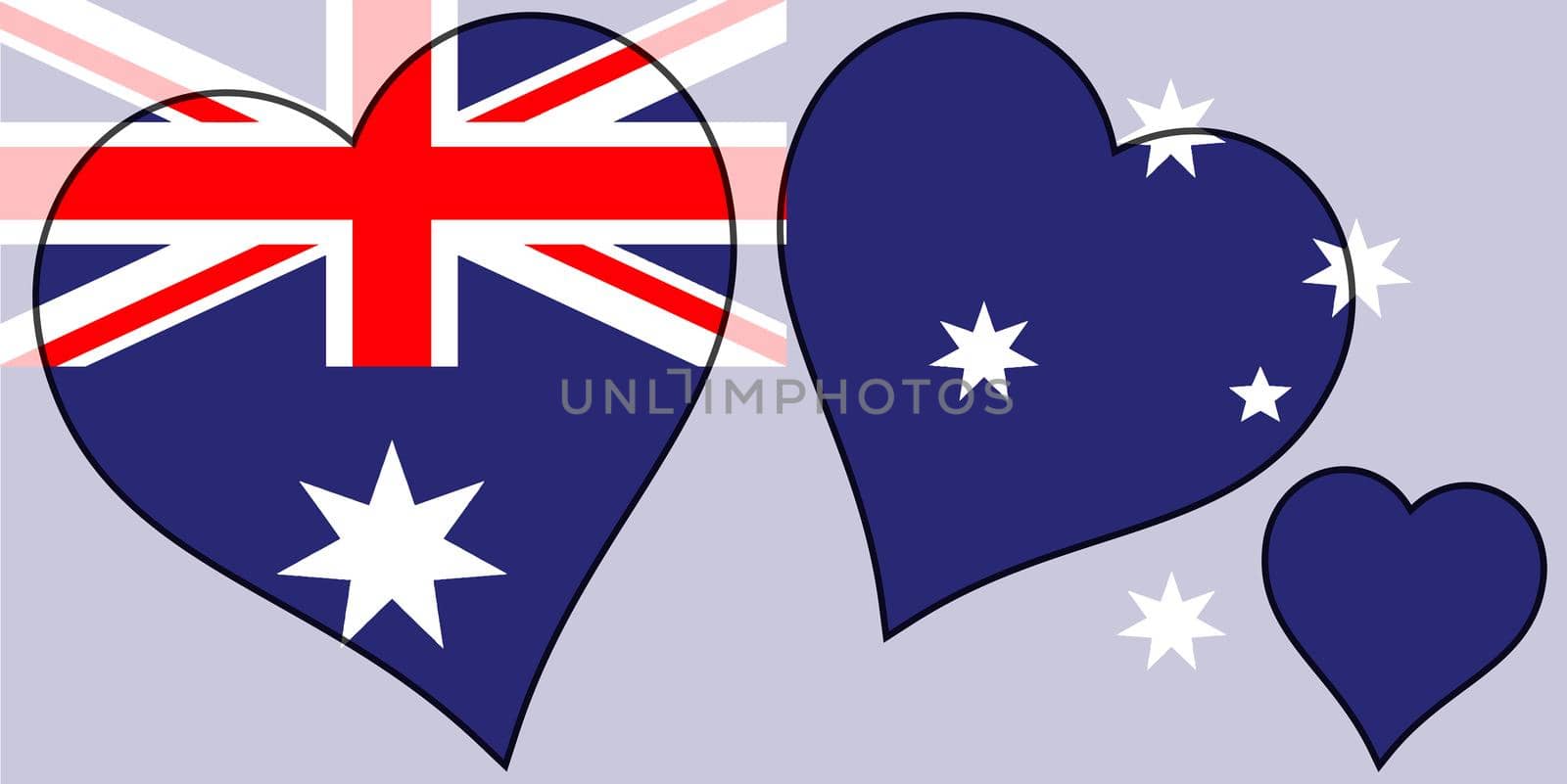 Australian Flag within a selection of heart cutouts all over a faded background