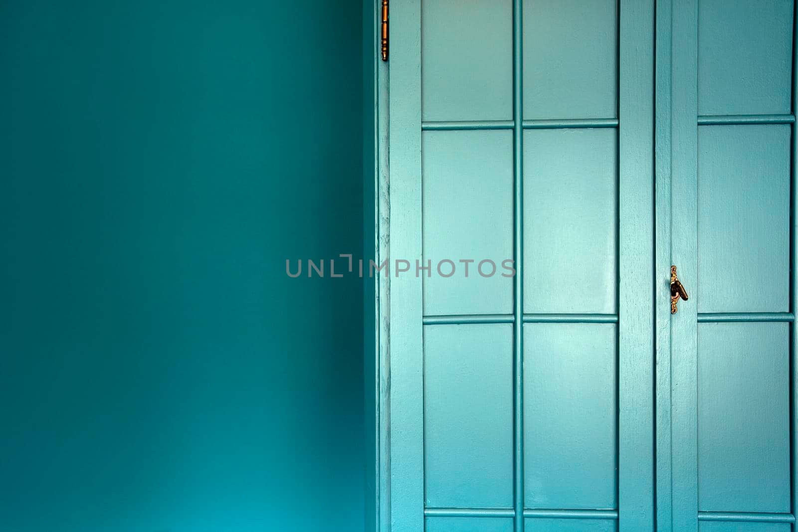 Cyan blue wall with cupboard stylish interior,modern blue cupboard door background texture beautiful luxury house decoration by Annebel146