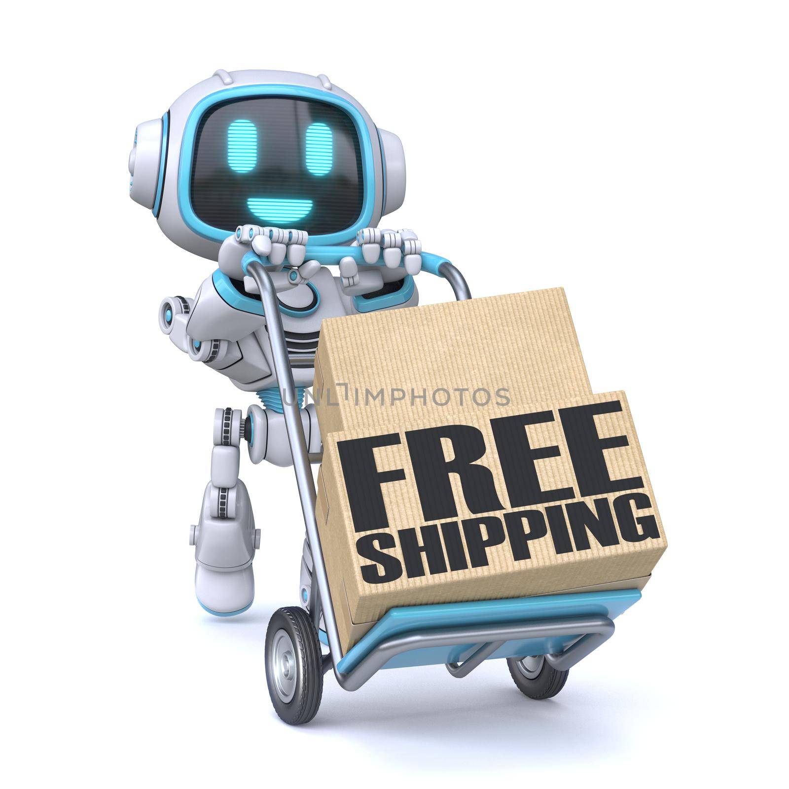 Cute blue robot with hand truck Free shipping concept Front view 3D rendering illustration isolated on white background