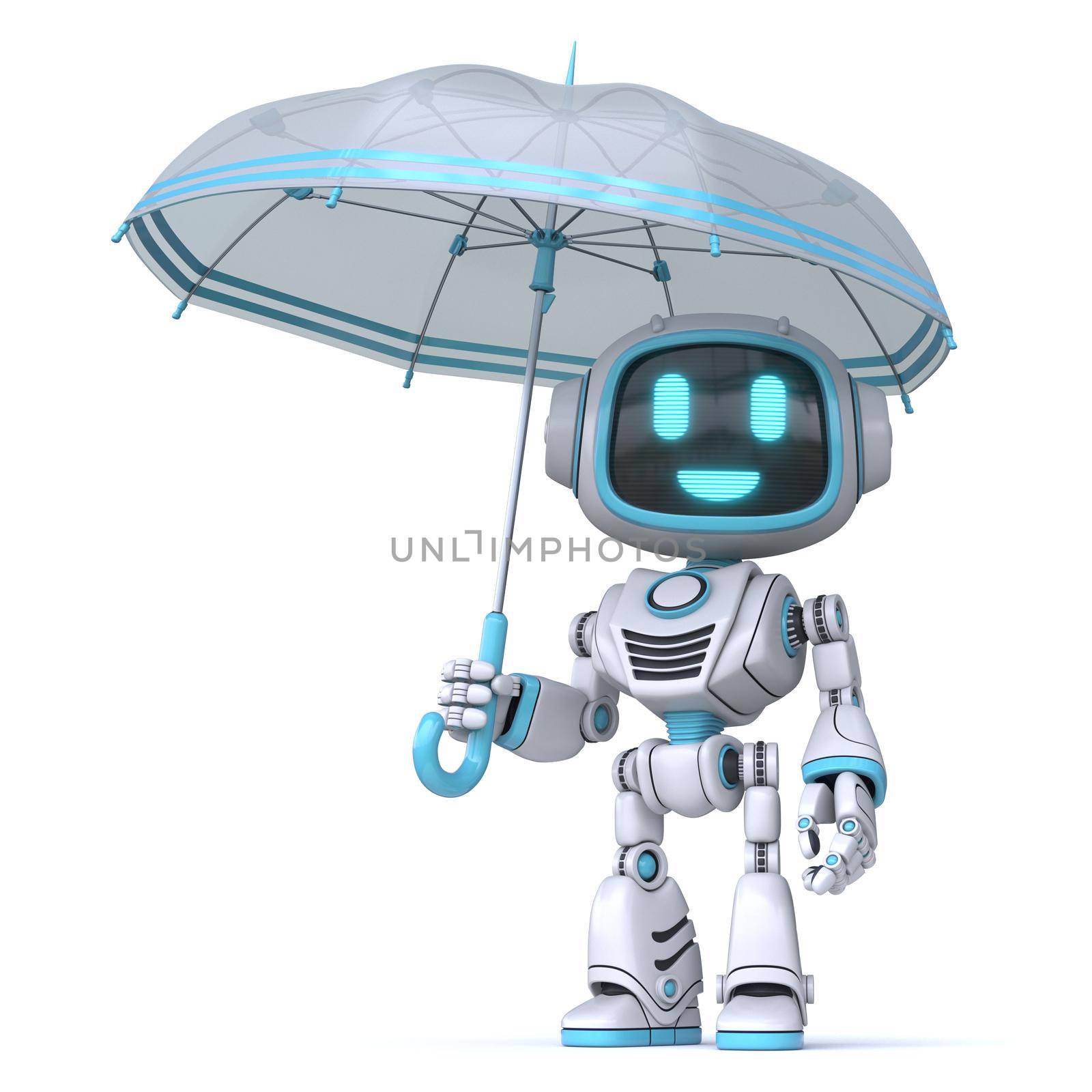 Cute blue robot holding umbrella 3D rendering illustration isolated on white background